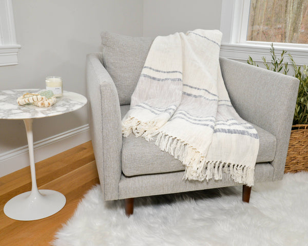 Beautiful comfortable soft cotton neutral striped throw.